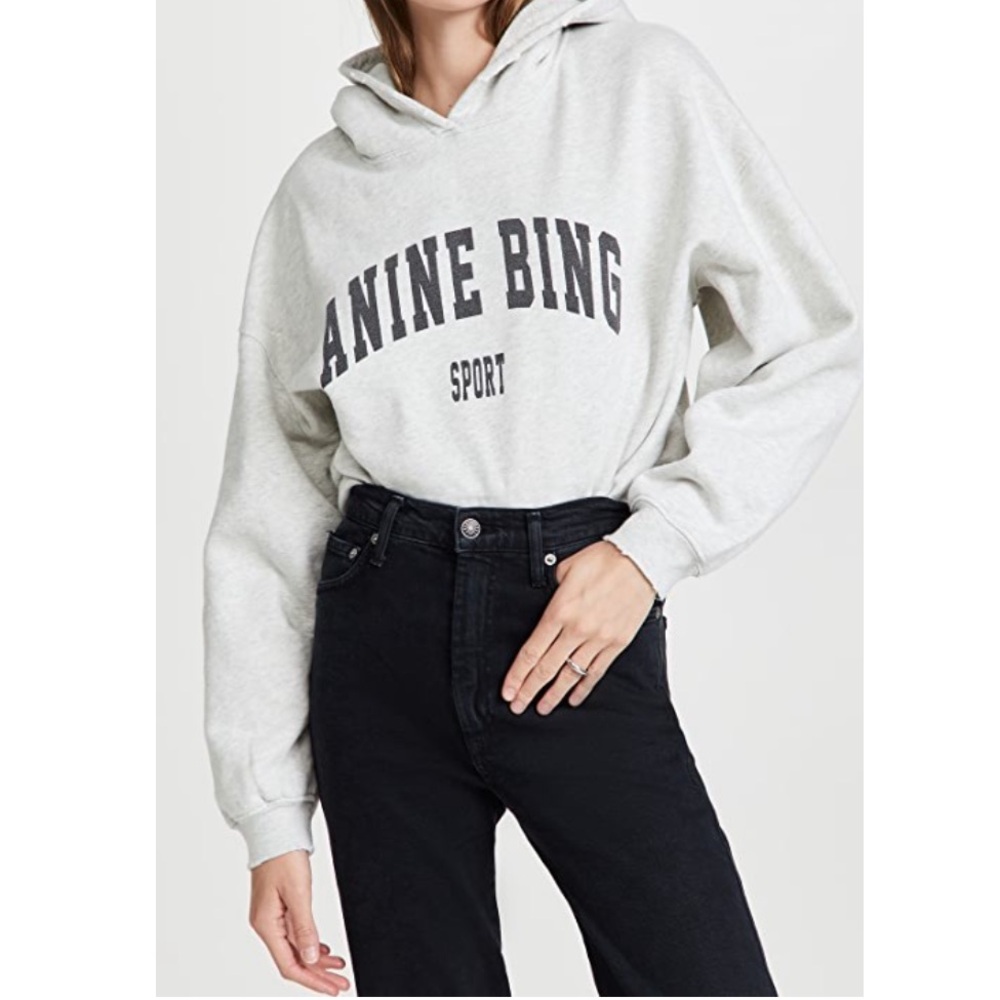 Anine Bing Light Gray Logo Hoodie with Black Lettering